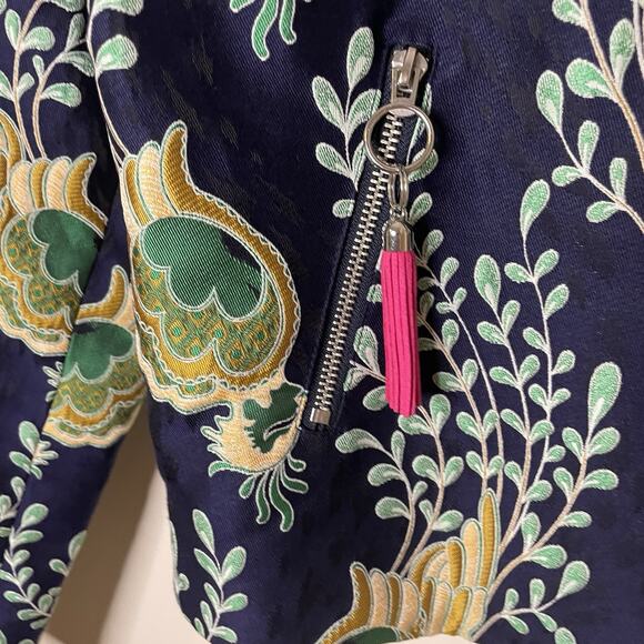 ASOS Blue Green Peacock Jacquard Biker Jacket Artsy Boho Art To Wear US Sz 4 - Picture 10 of 16